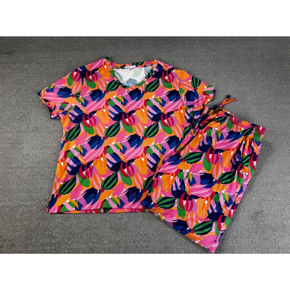 Mary Square Pajama Set Womens Small 2 Piece Pink Orange Tropical Print Lounge
